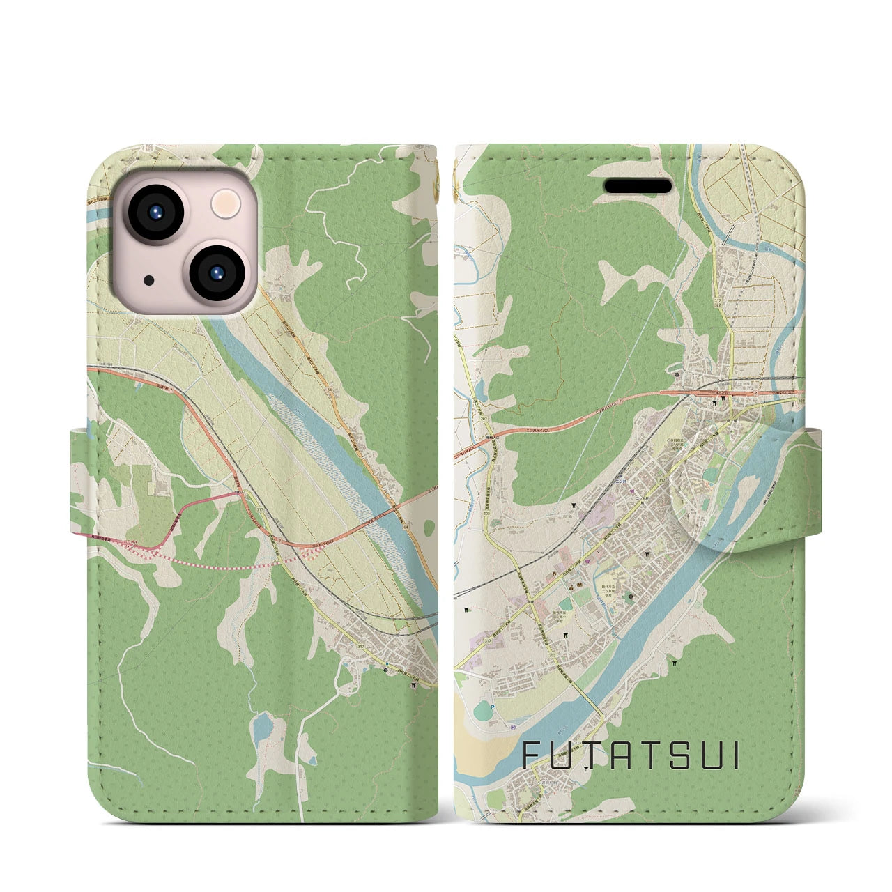 【二ツ井(秋田県)】地図柄iPhoneケース(手帳タイプ)ナチュラル・iPhone 13 mini 用