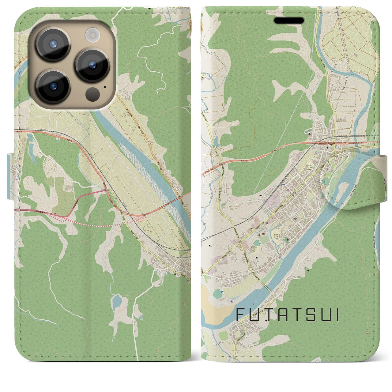 【二ツ井(秋田県)】地図柄iPhoneケース(手帳タイプ)ナチュラル・iPhone 14 Pro Max 用