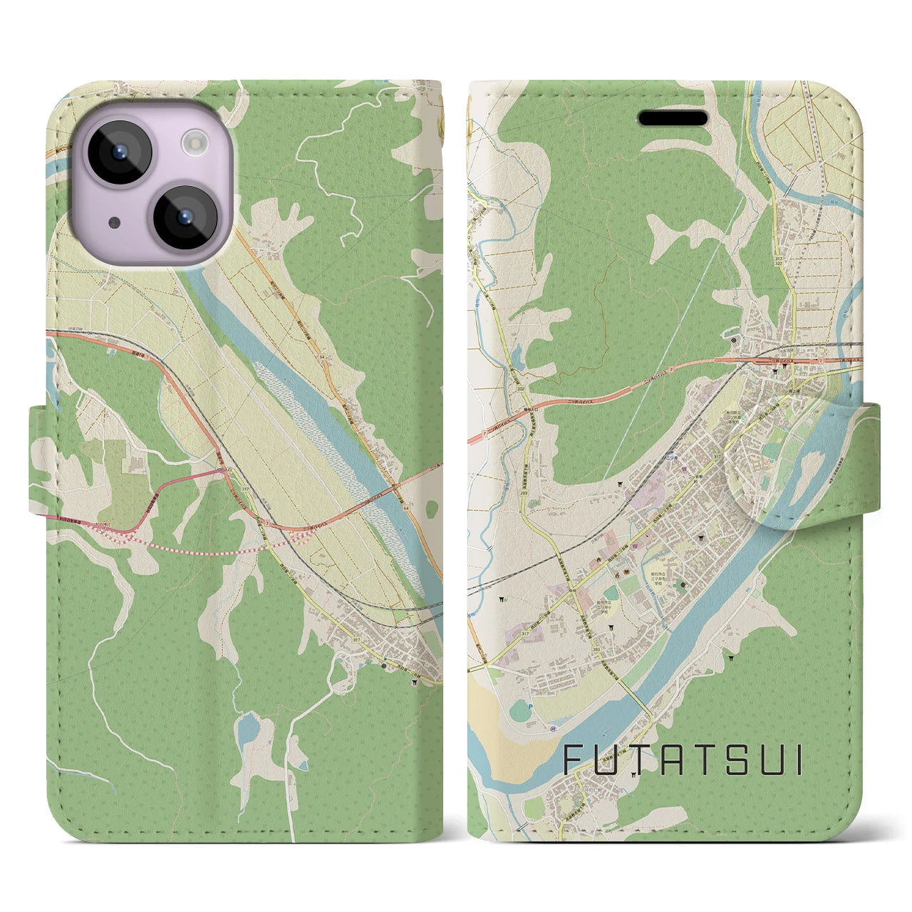 【二ツ井(秋田県)】地図柄iPhoneケース(手帳タイプ)ナチュラル・iPhone 14 用