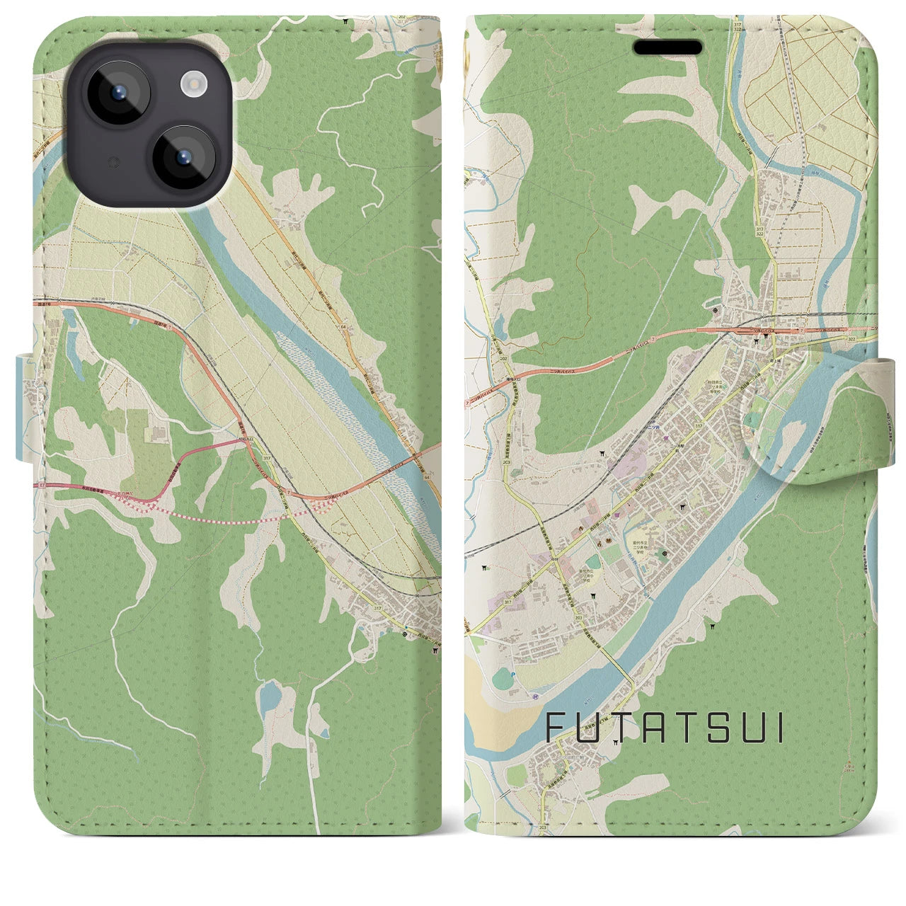 【二ツ井(秋田県)】地図柄iPhoneケース(手帳タイプ)ナチュラル・iPhone 14 Plus 用