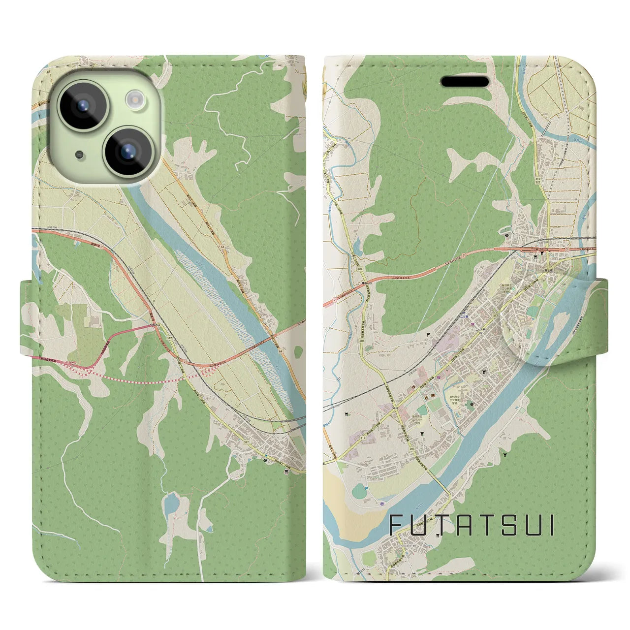 【二ツ井(秋田県)】地図柄iPhoneケース(手帳タイプ)ナチュラル・iPhone 15 用
