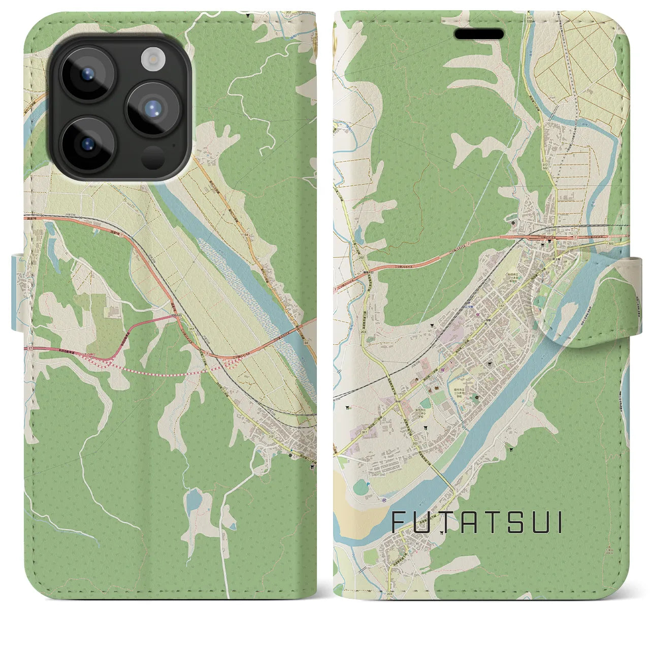 【二ツ井(秋田県)】地図柄iPhoneケース(手帳タイプ)ナチュラル・iPhone 15 Pro Max 用