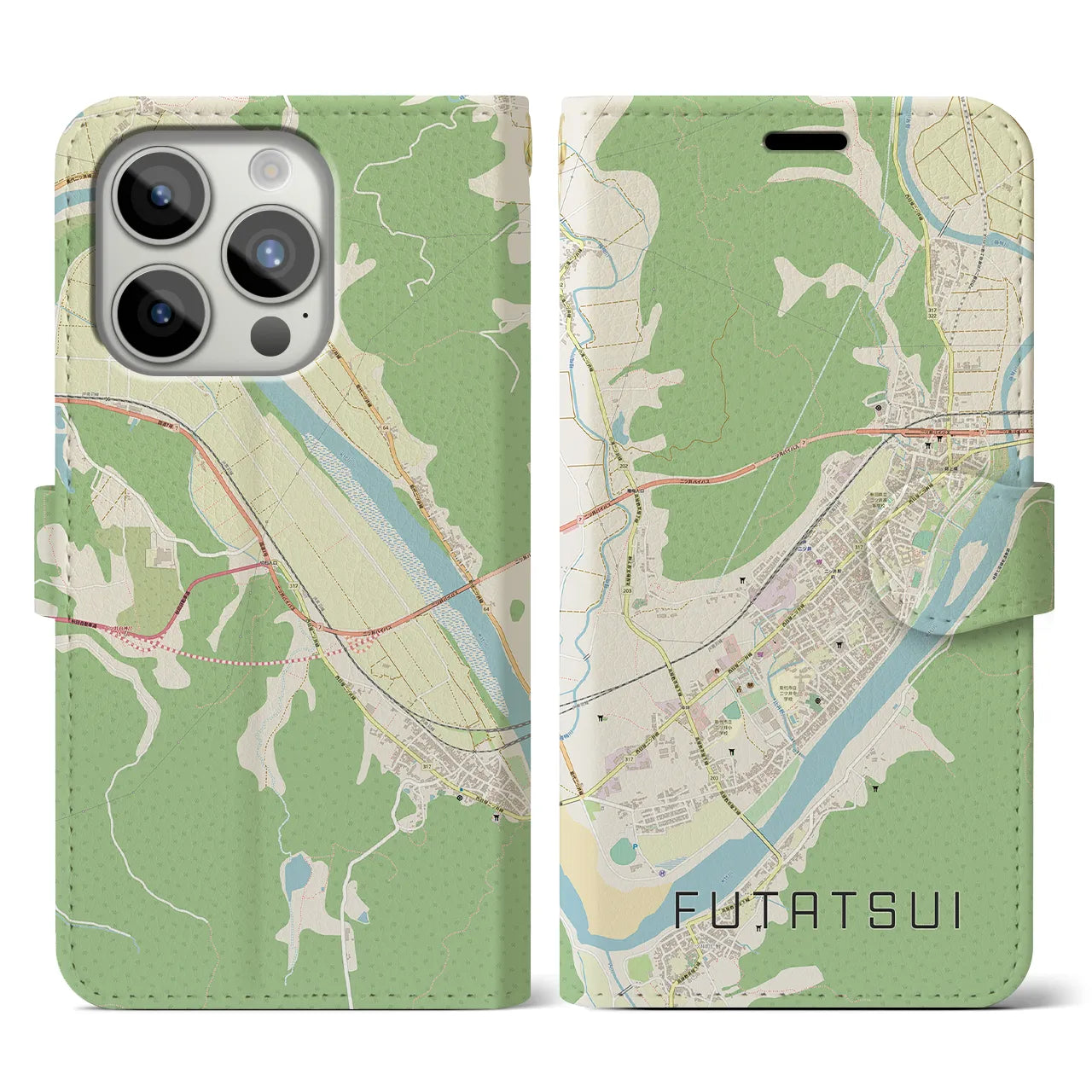 【二ツ井(秋田県)】地図柄iPhoneケース(手帳タイプ)ナチュラル・iPhone 15 Pro 用