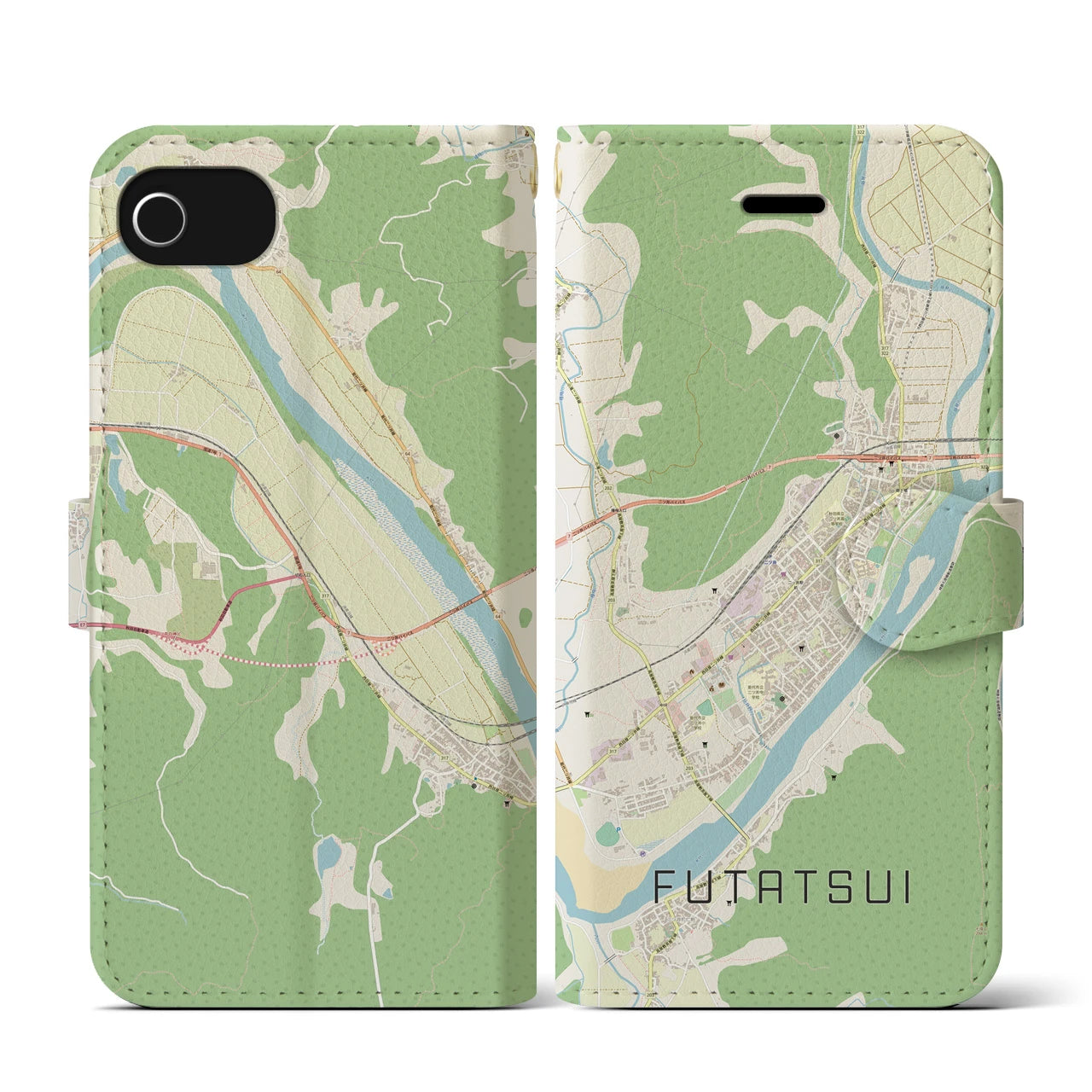 【二ツ井(秋田県)】地図柄iPhoneケース(手帳タイプ)ナチュラル・iPhone SE(第3 / 第2世代) / 8 / 7 / 6s / 6 用