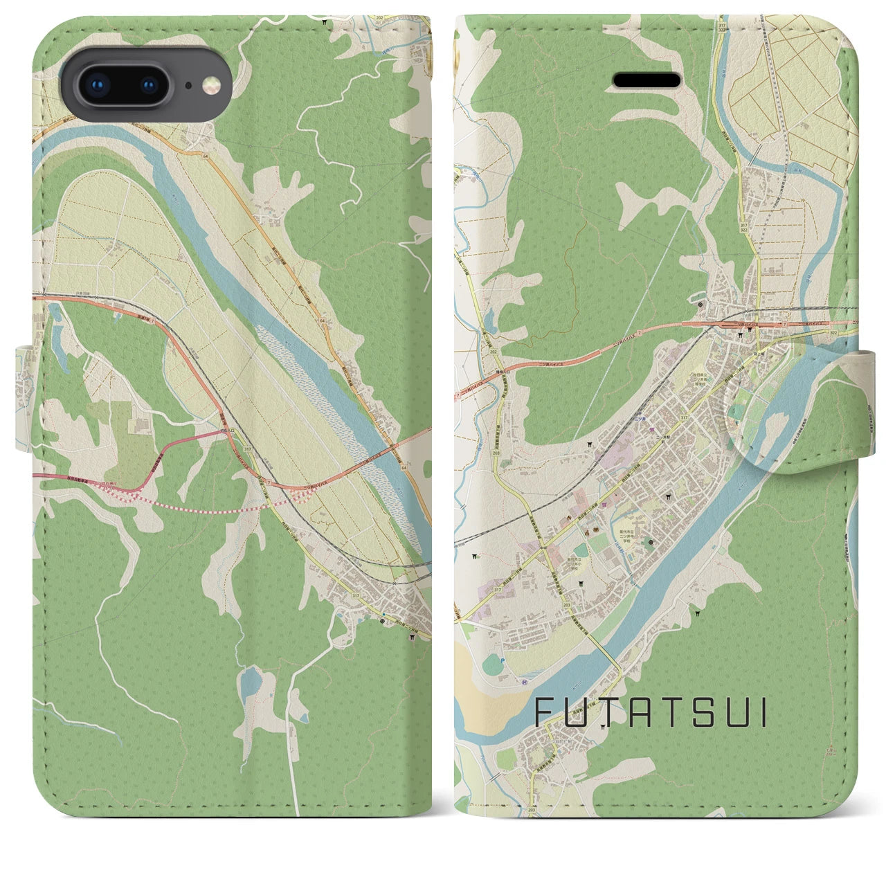 【二ツ井(秋田県)】地図柄iPhoneケース(手帳タイプ)ナチュラル・iPhone 8Plus /7Plus / 6sPlus / 6Plus 用