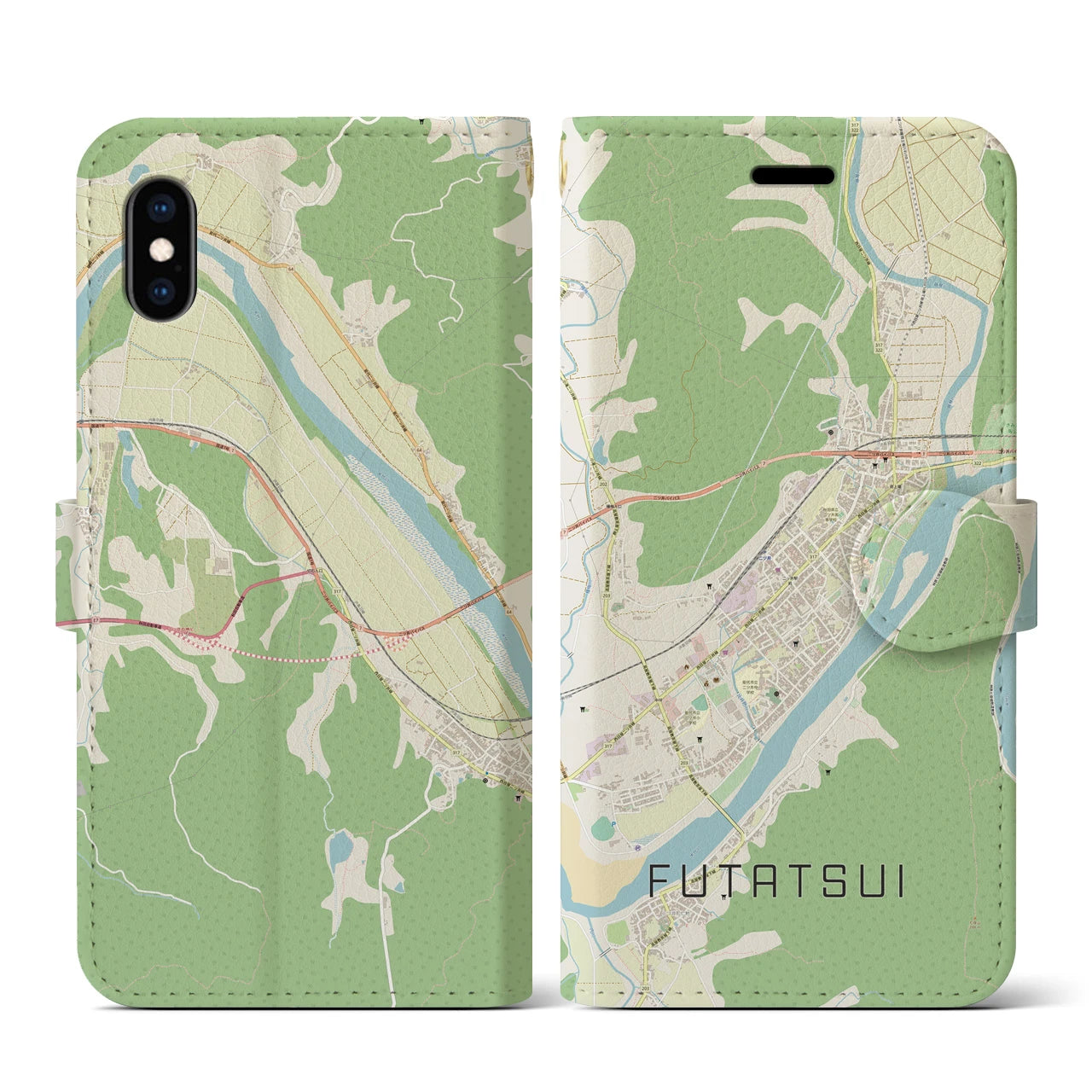【二ツ井(秋田県)】地図柄iPhoneケース(手帳タイプ)ナチュラル・iPhone XS / X 用