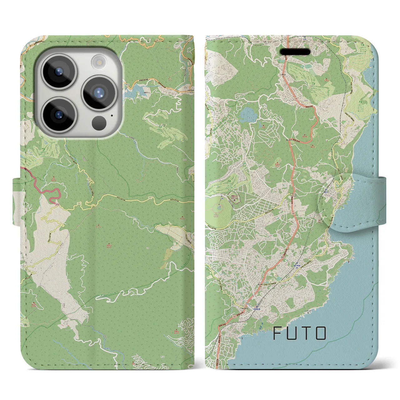 【富戸(静岡県)】地図柄iPhoneケース(手帳タイプ)ナチュラル・iPhone 15 Pro 用