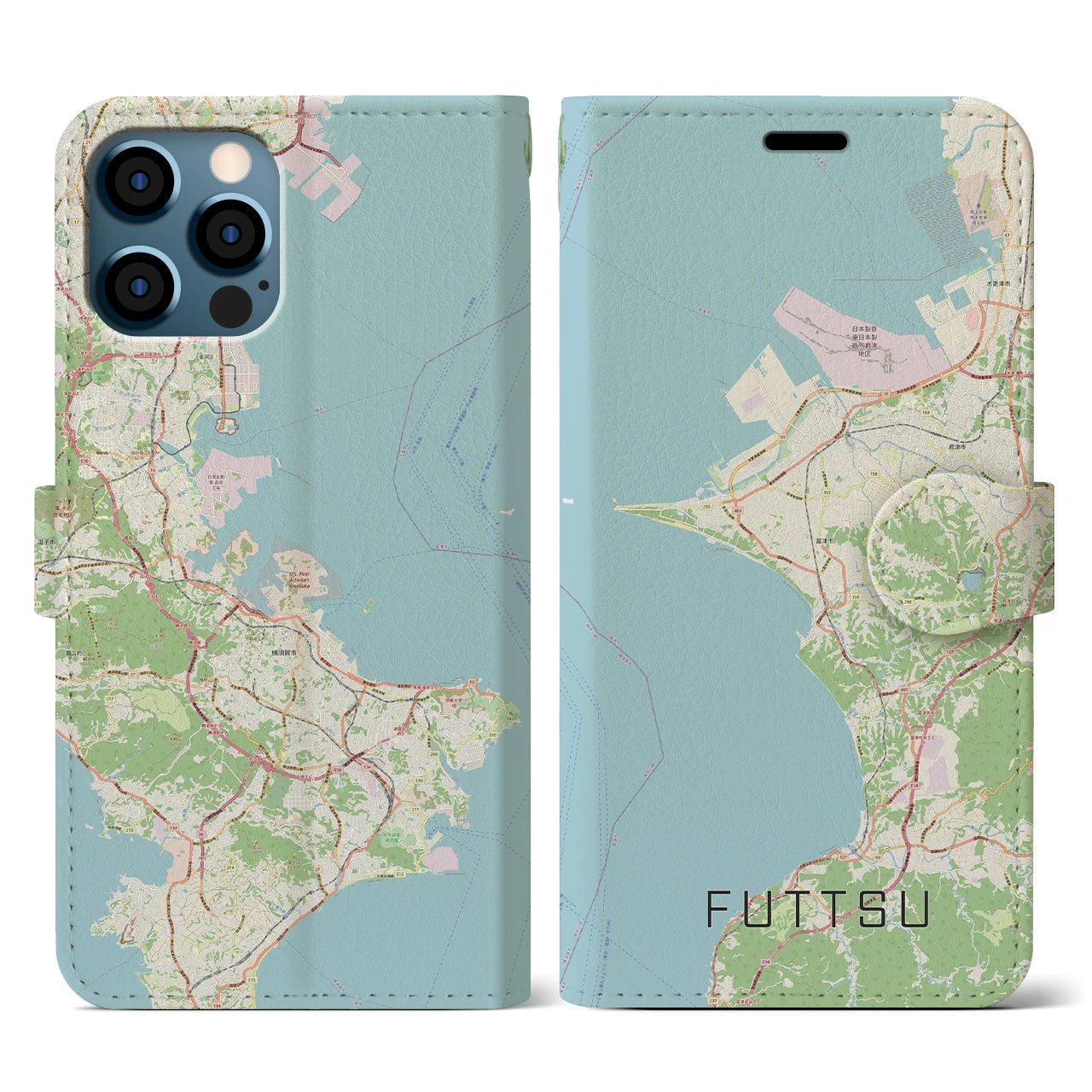 【富津(千葉県)】地図柄iPhoneケース(手帳タイプ)ナチュラル・iPhone 12 / 12 Pro 用