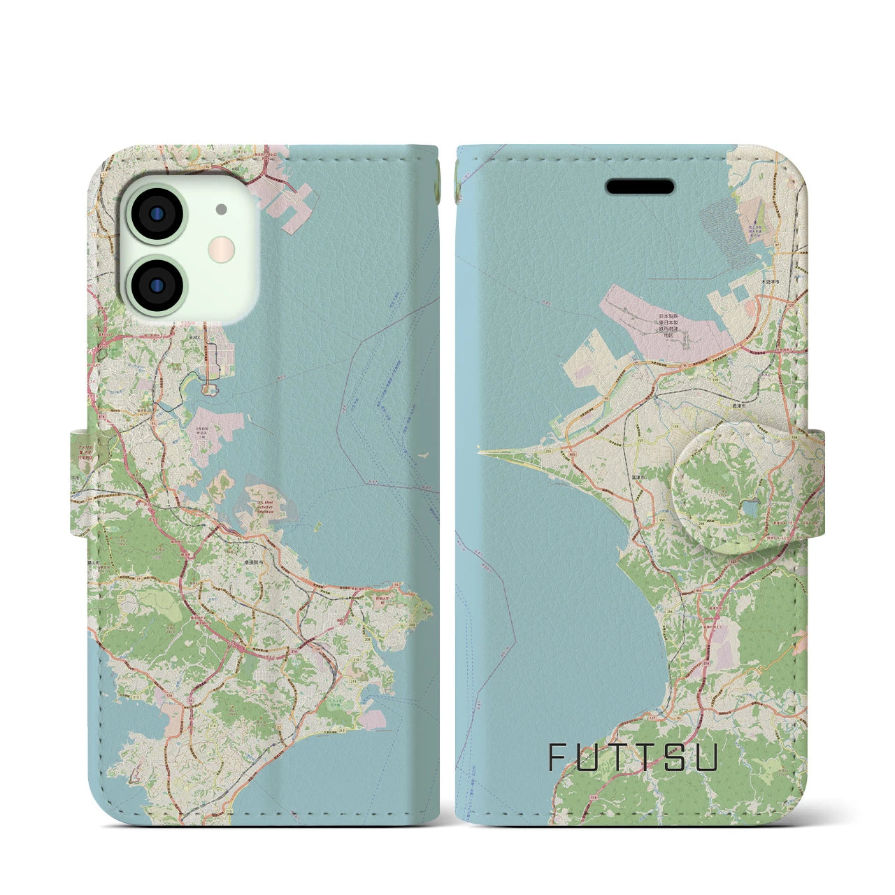 【富津(千葉県)】地図柄iPhoneケース(手帳タイプ)ナチュラル・iPhone 12 mini 用