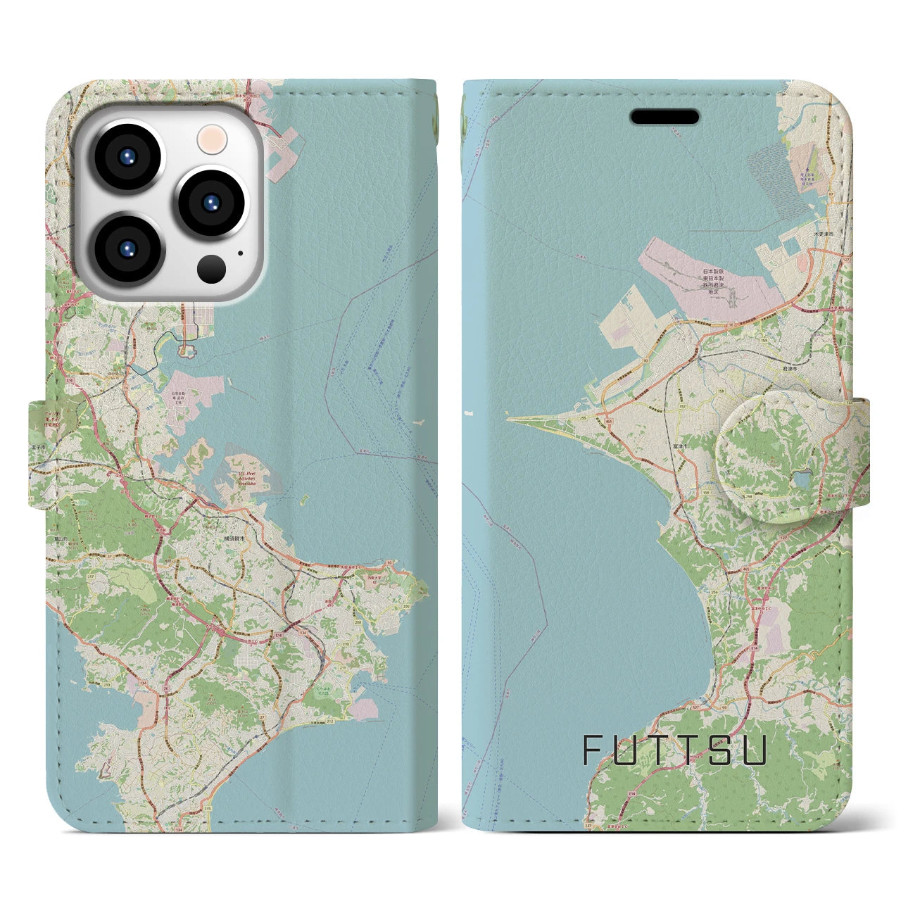 【富津(千葉県)】地図柄iPhoneケース(手帳タイプ)ナチュラル・iPhone 13 Pro 用