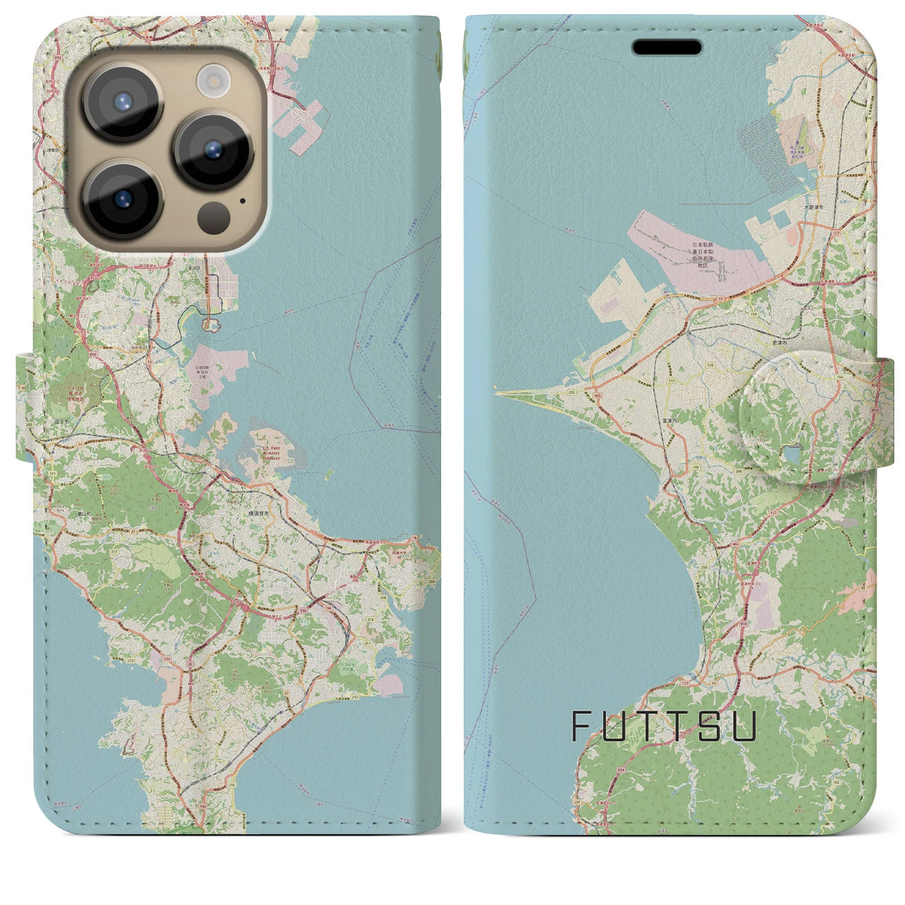 【富津(千葉県)】地図柄iPhoneケース(手帳タイプ)ナチュラル・iPhone 14 Pro Max 用