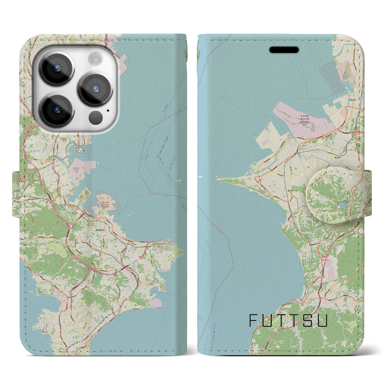 【富津(千葉県)】地図柄iPhoneケース(手帳タイプ)ナチュラル・iPhone 14 Pro 用