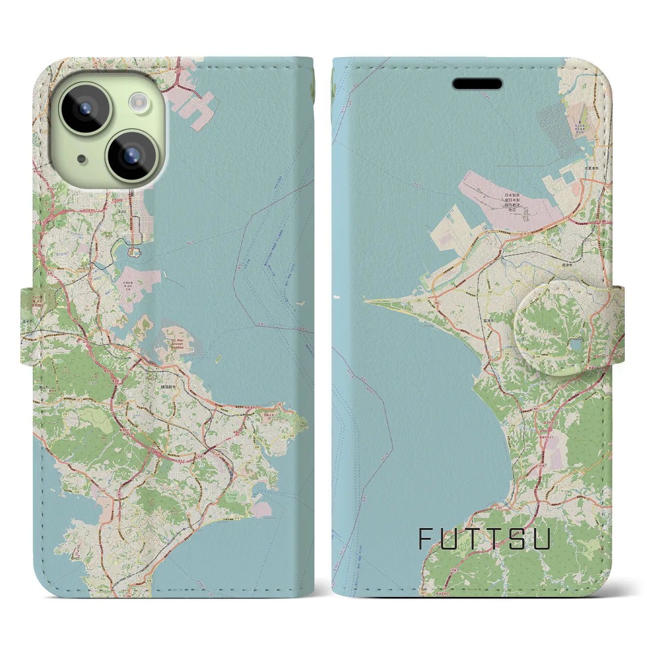 【富津(千葉県)】地図柄iPhoneケース(手帳タイプ)ナチュラル・iPhone 15 用