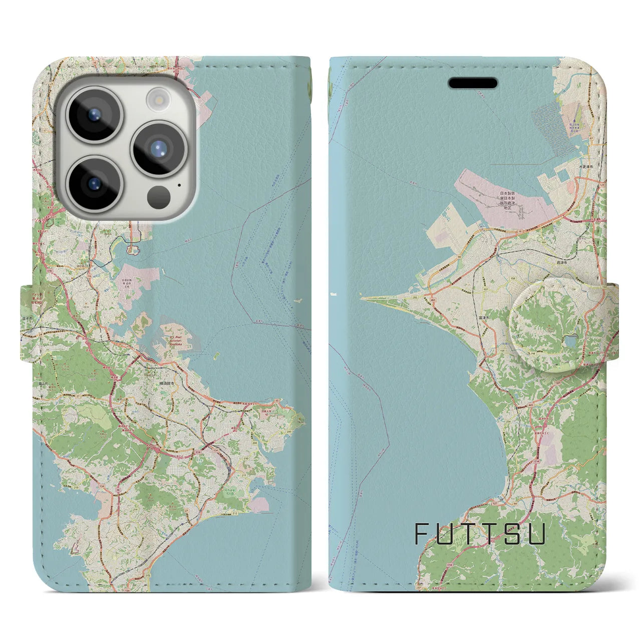 【富津(千葉県)】地図柄iPhoneケース(手帳タイプ)ナチュラル・iPhone 15 Pro 用