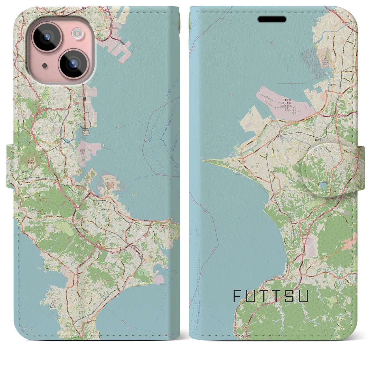 【富津(千葉県)】地図柄iPhoneケース(手帳タイプ)ナチュラル・iPhone 15 Plus 用