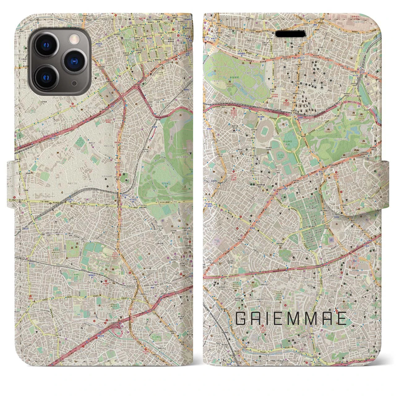 【外苑前(東京都)】地図柄iPhoneケース(手帳タイプ)ナチュラル・iPhone 11 Pro Max 用