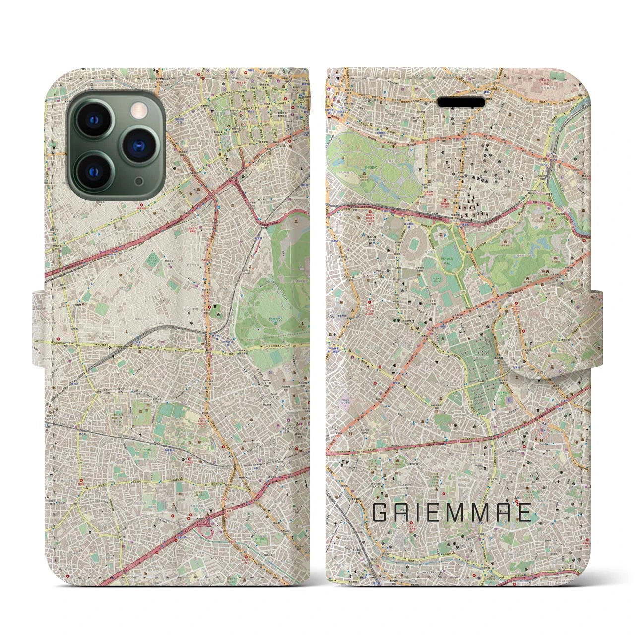 【外苑前(東京都)】地図柄iPhoneケース(手帳タイプ)ナチュラル・iPhone 11 Pro 用