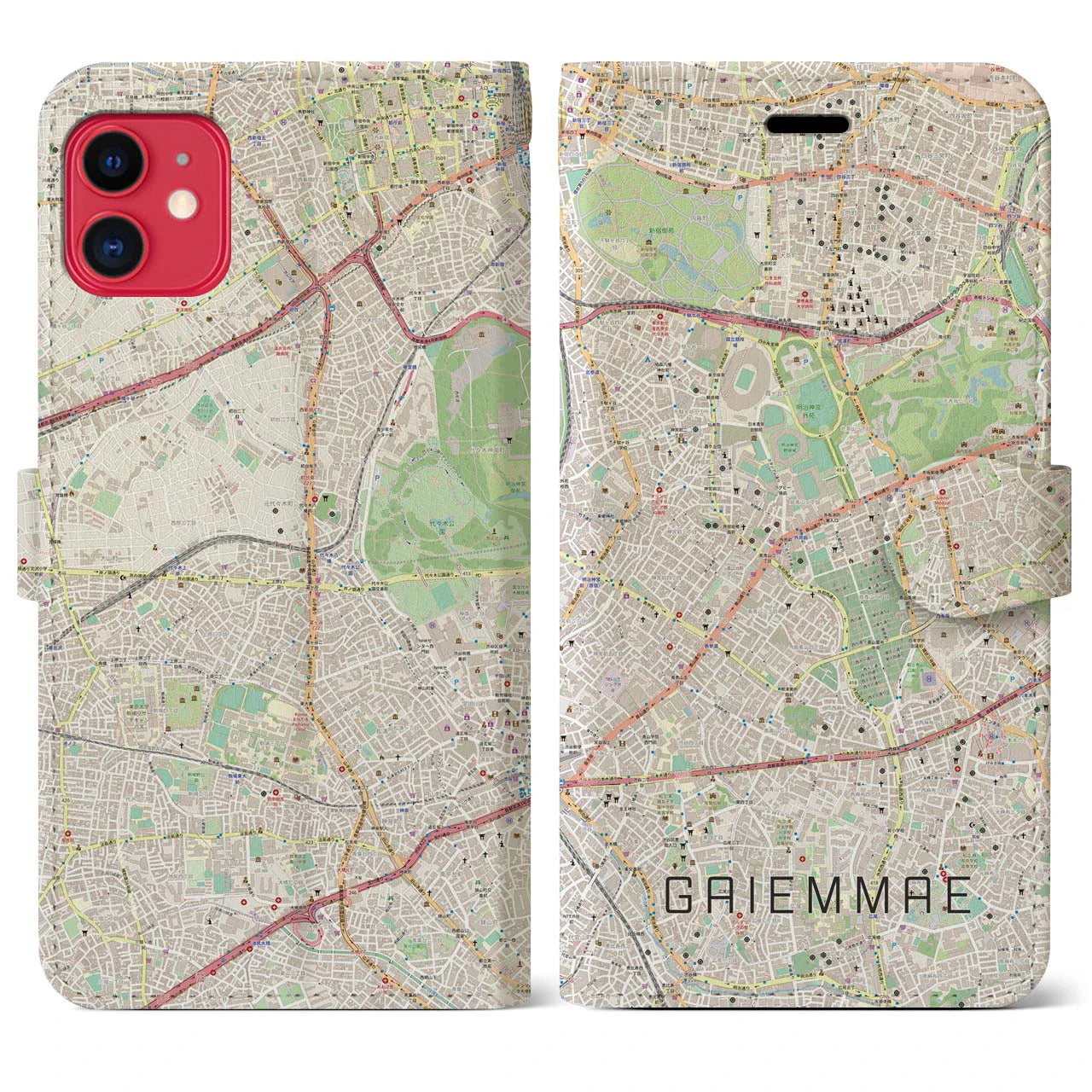 【外苑前(東京都)】地図柄iPhoneケース(手帳タイプ)ナチュラル・iPhone 11 用
