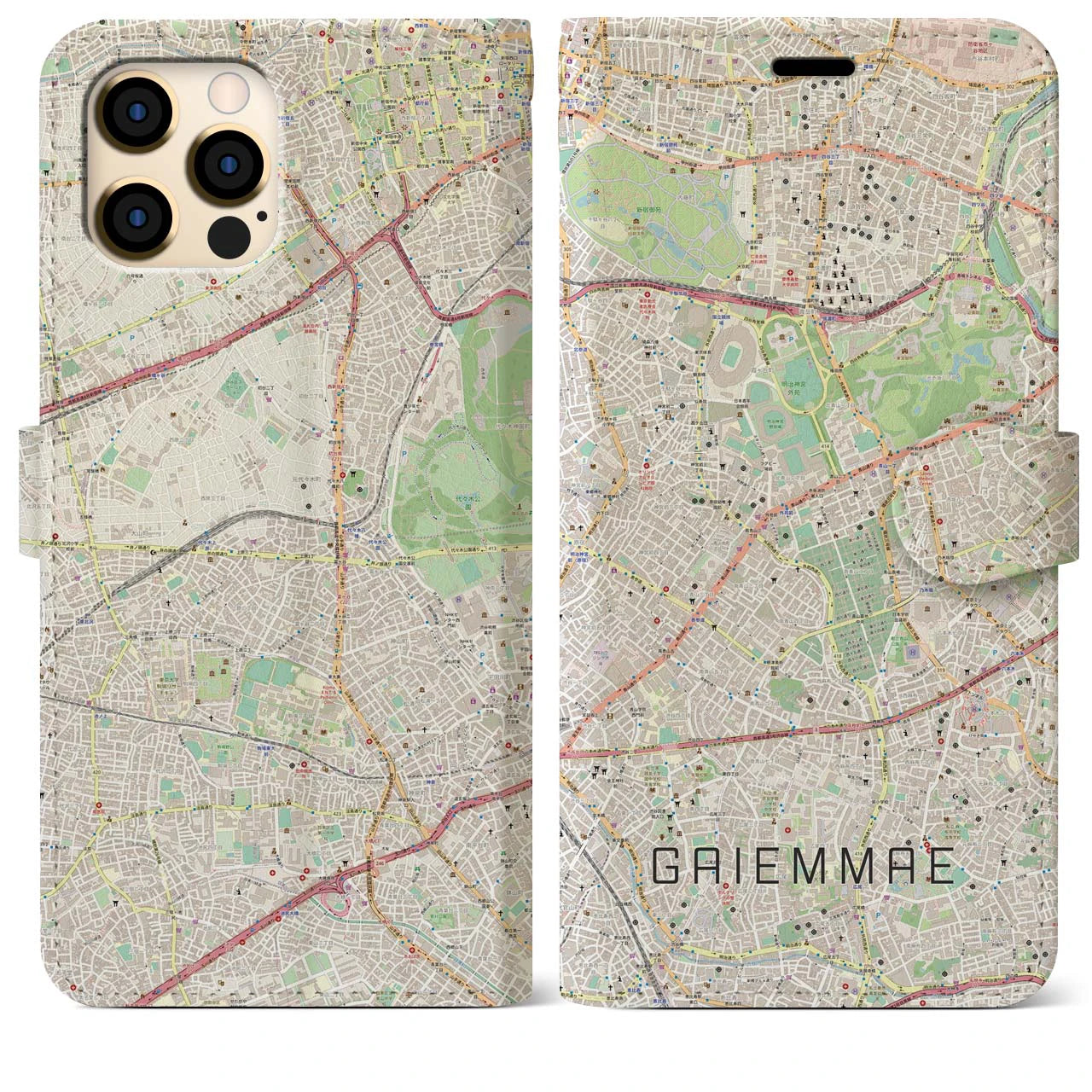 【外苑前(東京都)】地図柄iPhoneケース(手帳タイプ)ナチュラル・iPhone 12 Pro Max 用