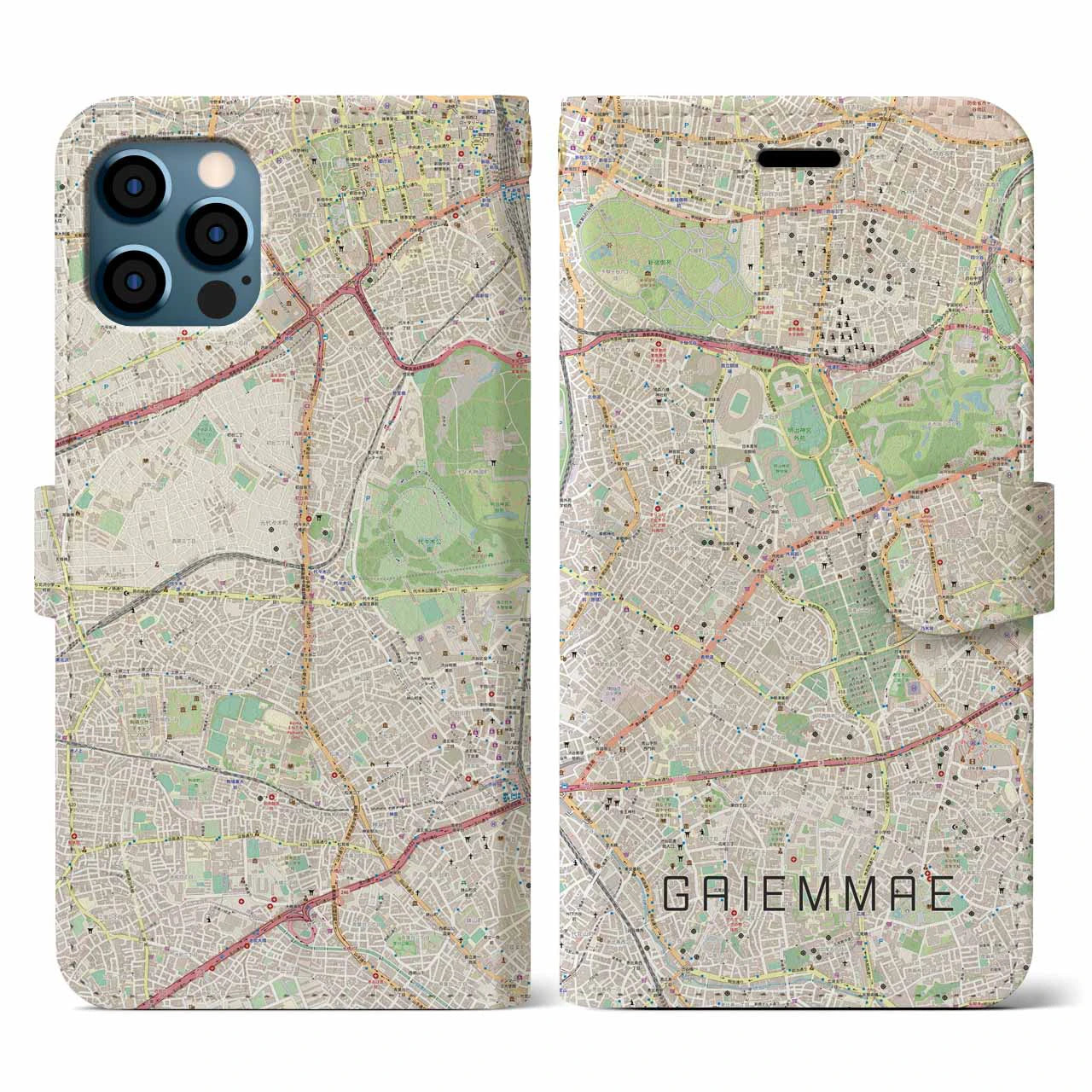 【外苑前(東京都)】地図柄iPhoneケース(手帳タイプ)ナチュラル・iPhone 12 / 12 Pro 用