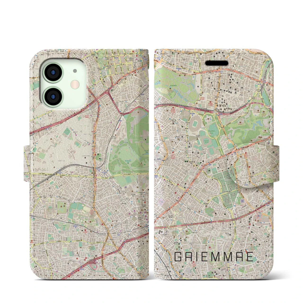 【外苑前(東京都)】地図柄iPhoneケース(手帳タイプ)ナチュラル・iPhone 12 mini 用
