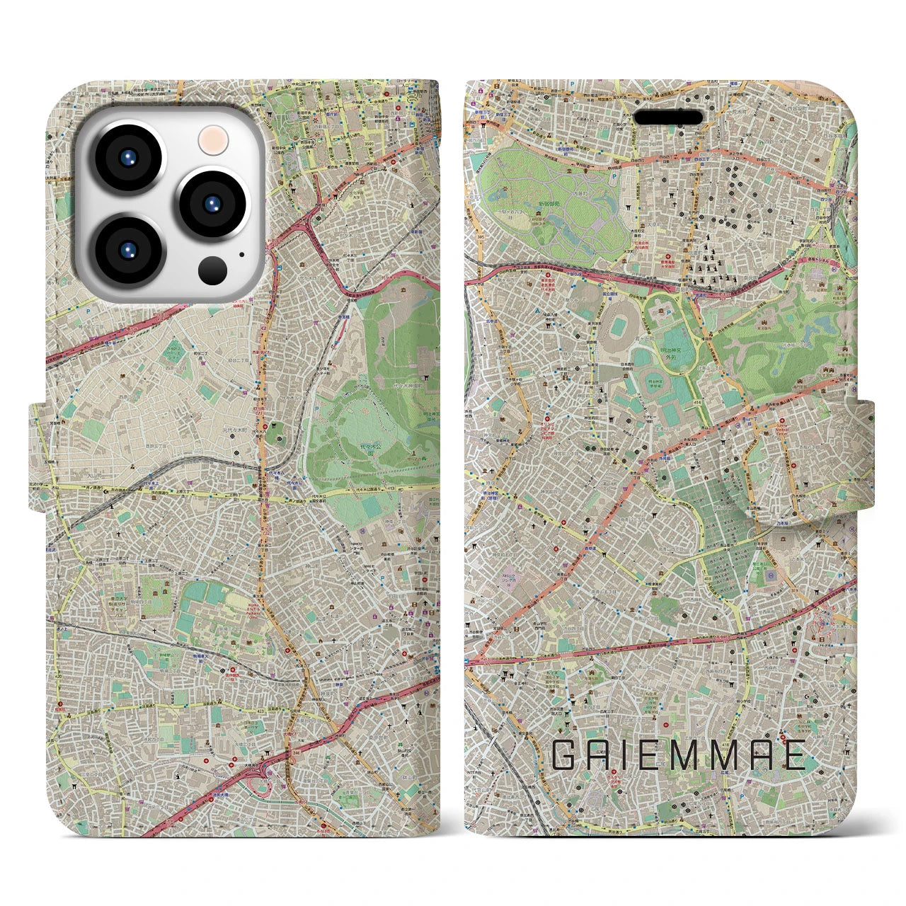 【外苑前(東京都)】地図柄iPhoneケース(手帳タイプ)ナチュラル・iPhone 13 Pro 用