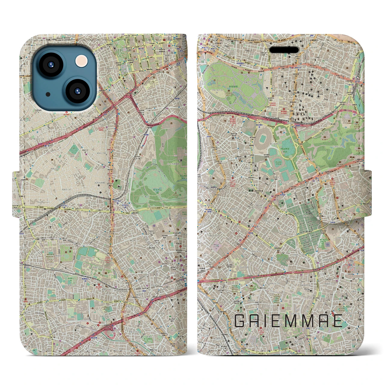 【外苑前(東京都)】地図柄iPhoneケース(手帳タイプ)ナチュラル・iPhone 13 用
