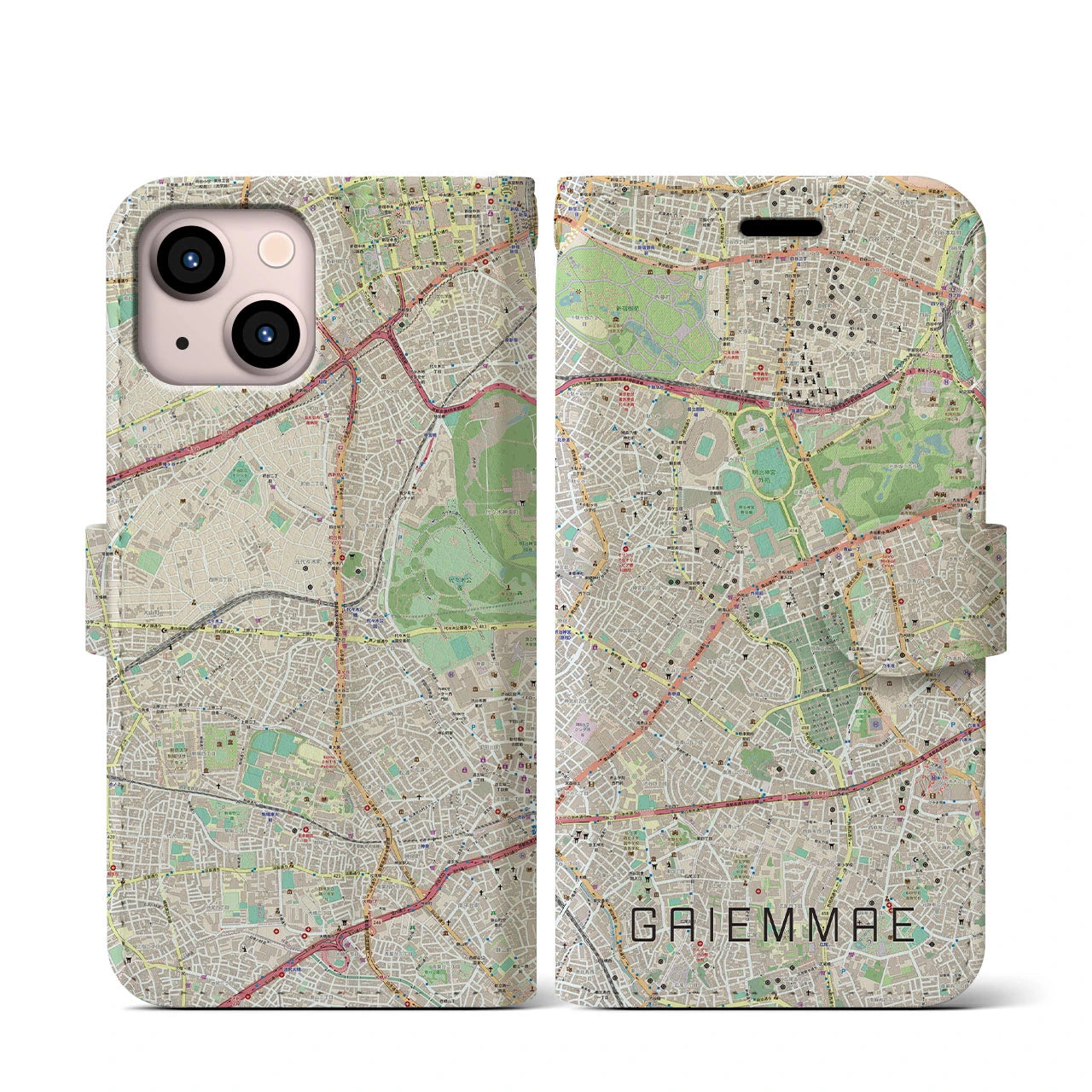 【外苑前(東京都)】地図柄iPhoneケース(手帳タイプ)ナチュラル・iPhone 13 mini 用