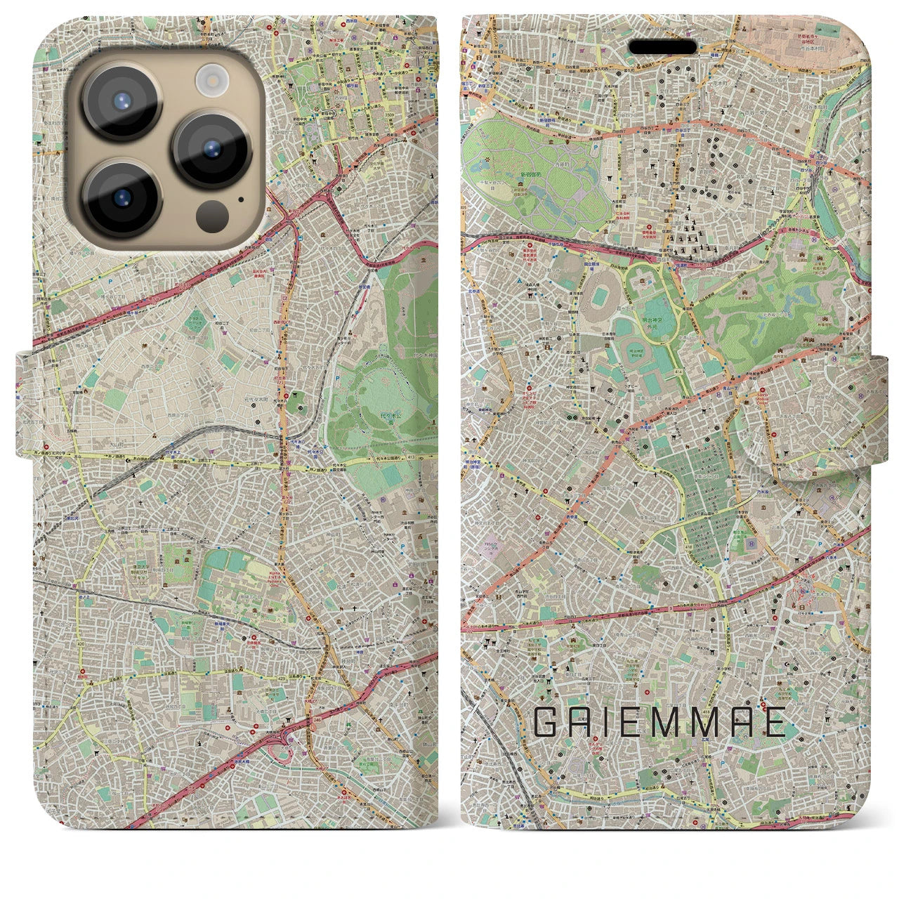 【外苑前(東京都)】地図柄iPhoneケース(手帳タイプ)ナチュラル・iPhone 14 Pro Max 用