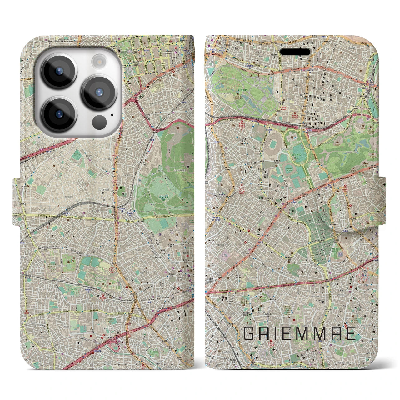 【外苑前(東京都)】地図柄iPhoneケース(手帳タイプ)ナチュラル・iPhone 14 Pro 用