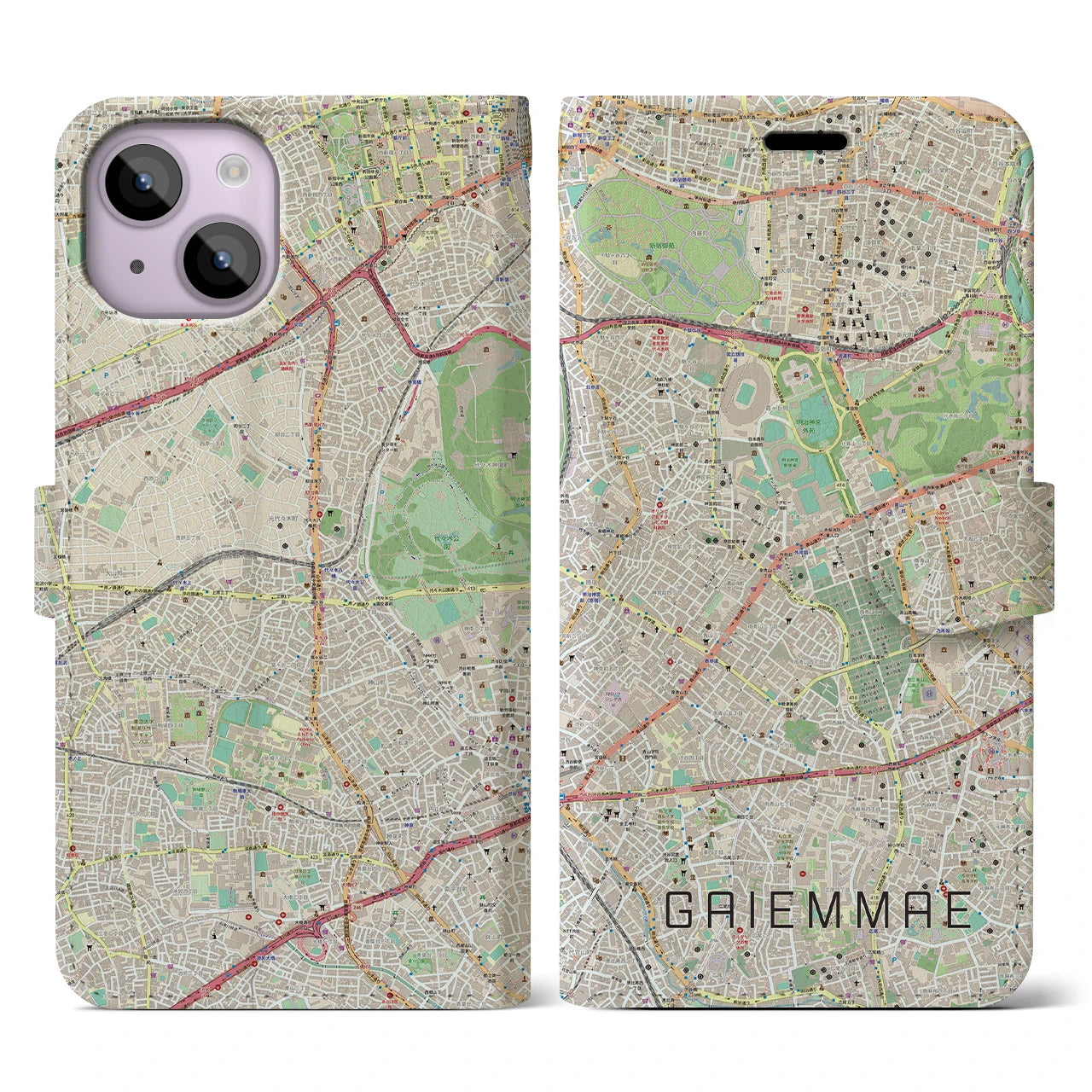 【外苑前(東京都)】地図柄iPhoneケース(手帳タイプ)ナチュラル・iPhone 14 用