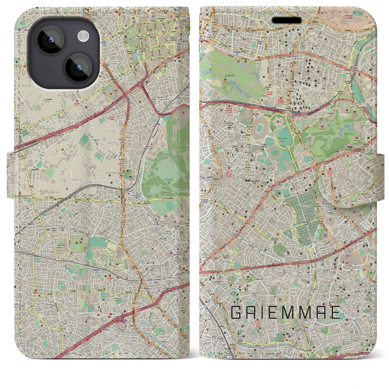 【外苑前(東京都)】地図柄iPhoneケース(手帳タイプ)ナチュラル・iPhone 14 Plus 用