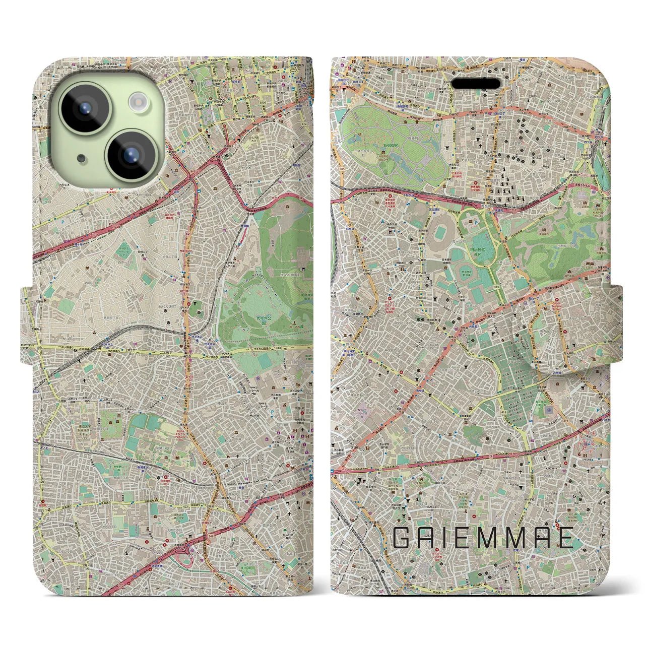 【外苑前(東京都)】地図柄iPhoneケース(手帳タイプ)ナチュラル・iPhone 15 用