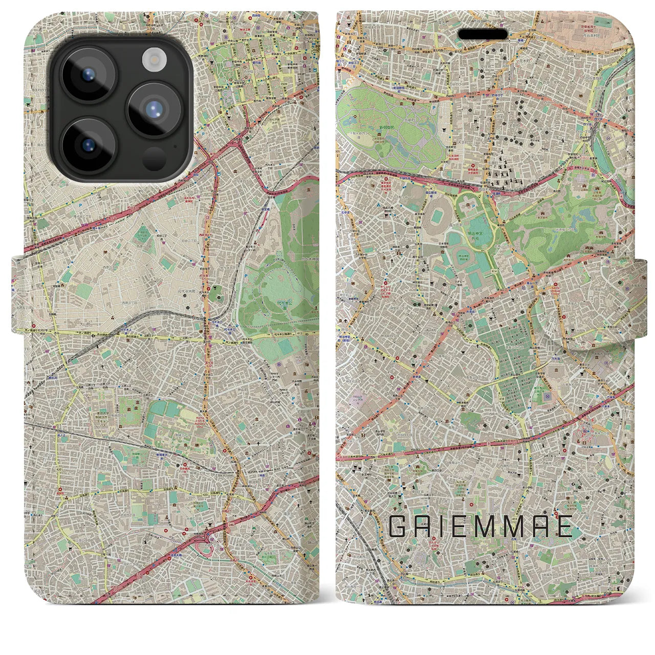 【外苑前(東京都)】地図柄iPhoneケース(手帳タイプ)ナチュラル・iPhone 15 Pro Max 用