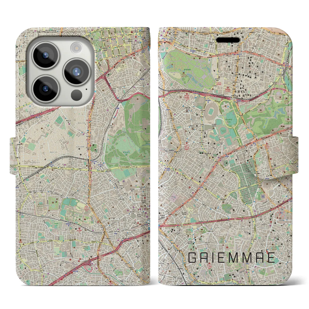 【外苑前(東京都)】地図柄iPhoneケース(手帳タイプ)ナチュラル・iPhone 15 Pro 用