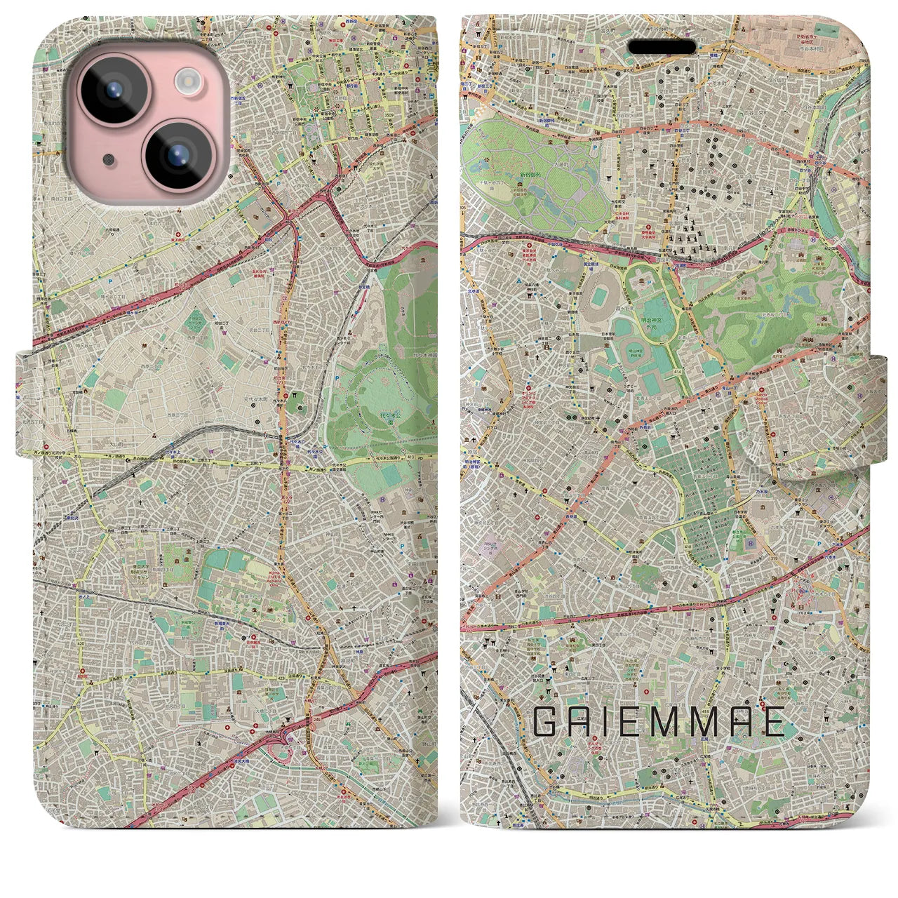 【外苑前(東京都)】地図柄iPhoneケース(手帳タイプ)ナチュラル・iPhone 15 Plus 用