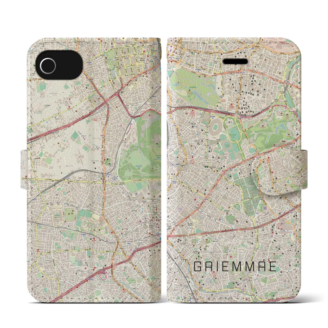 【外苑前(東京都)】地図柄iPhoneケース(手帳タイプ)ナチュラル・iPhone SE(第3 / 第2世代) / 8 / 7 / 6s / 6 用