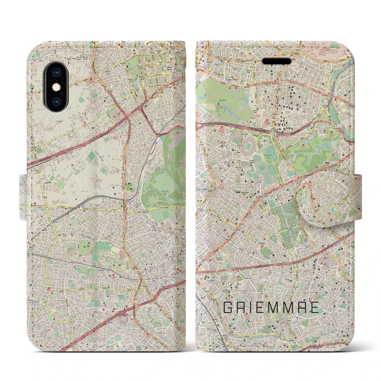 【外苑前(東京都)】地図柄iPhoneケース(手帳タイプ)ナチュラル・iPhone XS / X 用