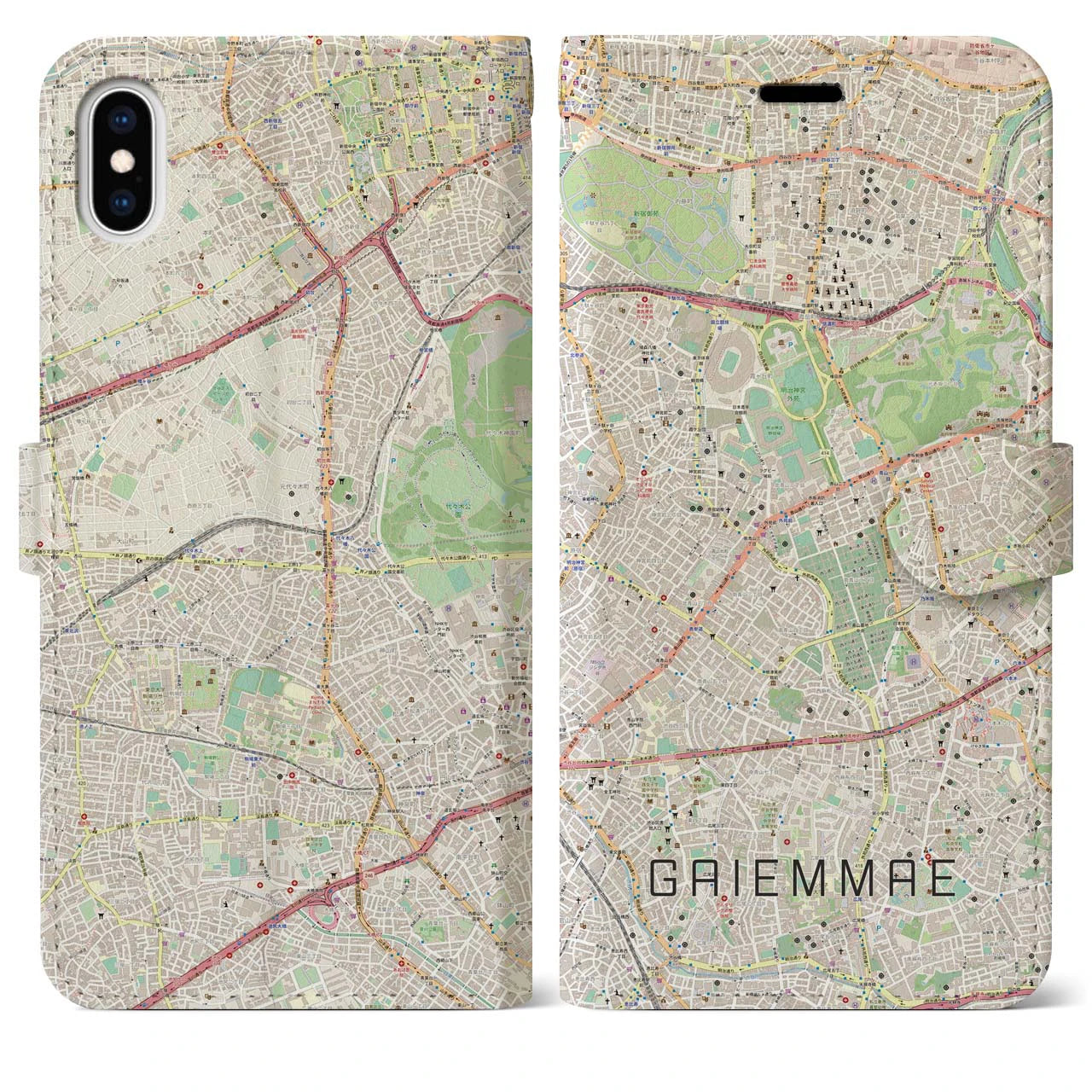 【外苑前(東京都)】地図柄iPhoneケース(手帳タイプ)ナチュラル・iPhone XS Max 用