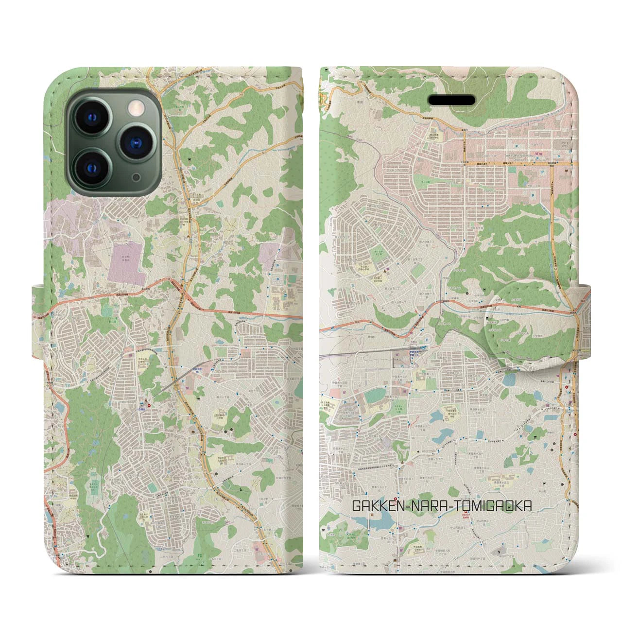 【学研奈良登美ヶ丘(奈良県)】地図柄iPhoneケース(手帳タイプ)ナチュラル・iPhone 11 Pro 用