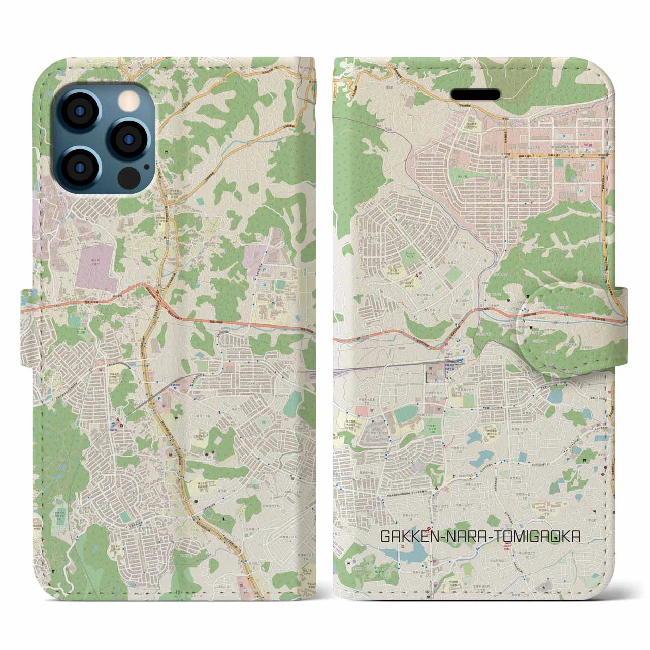 【学研奈良登美ヶ丘(奈良県)】地図柄iPhoneケース(手帳タイプ)ナチュラル・iPhone 12 / 12 Pro 用