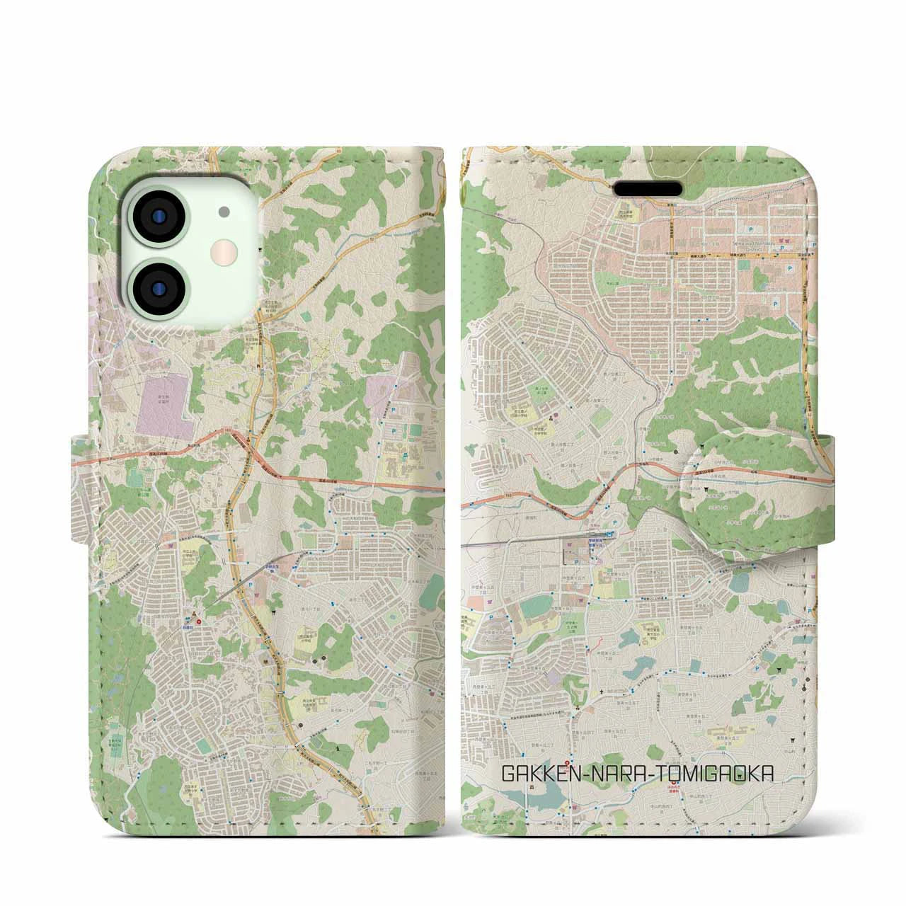 【学研奈良登美ヶ丘(奈良県)】地図柄iPhoneケース(手帳タイプ)ナチュラル・iPhone 12 mini 用
