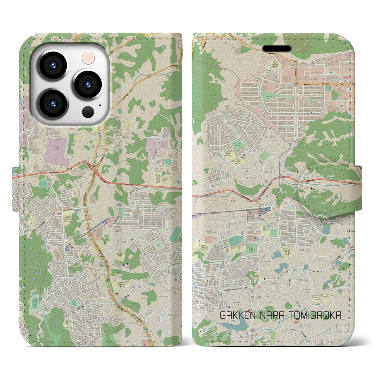 【学研奈良登美ヶ丘(奈良県)】地図柄iPhoneケース(手帳タイプ)ナチュラル・iPhone 13 Pro 用