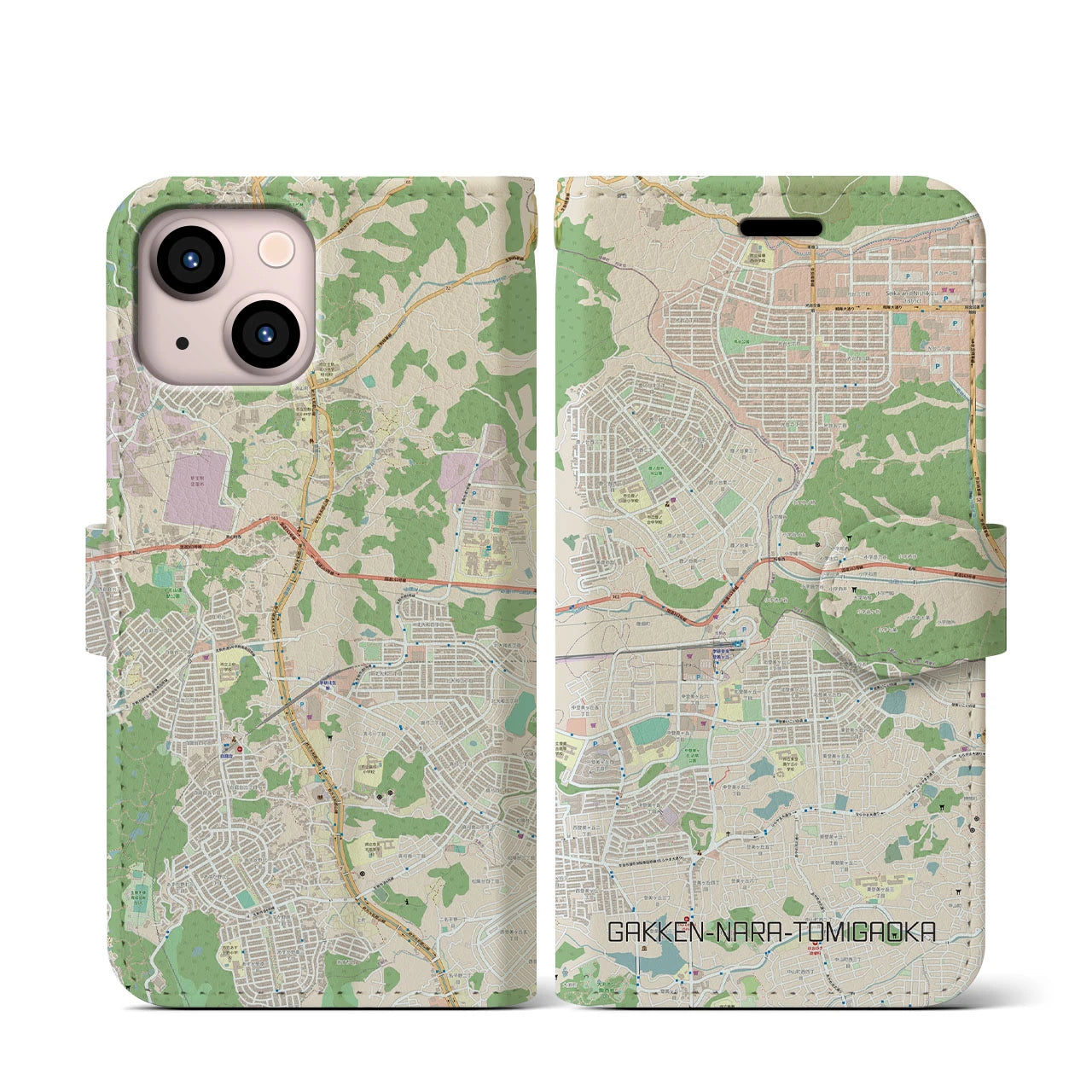 【学研奈良登美ヶ丘(奈良県)】地図柄iPhoneケース(手帳タイプ)ナチュラル・iPhone 13 mini 用