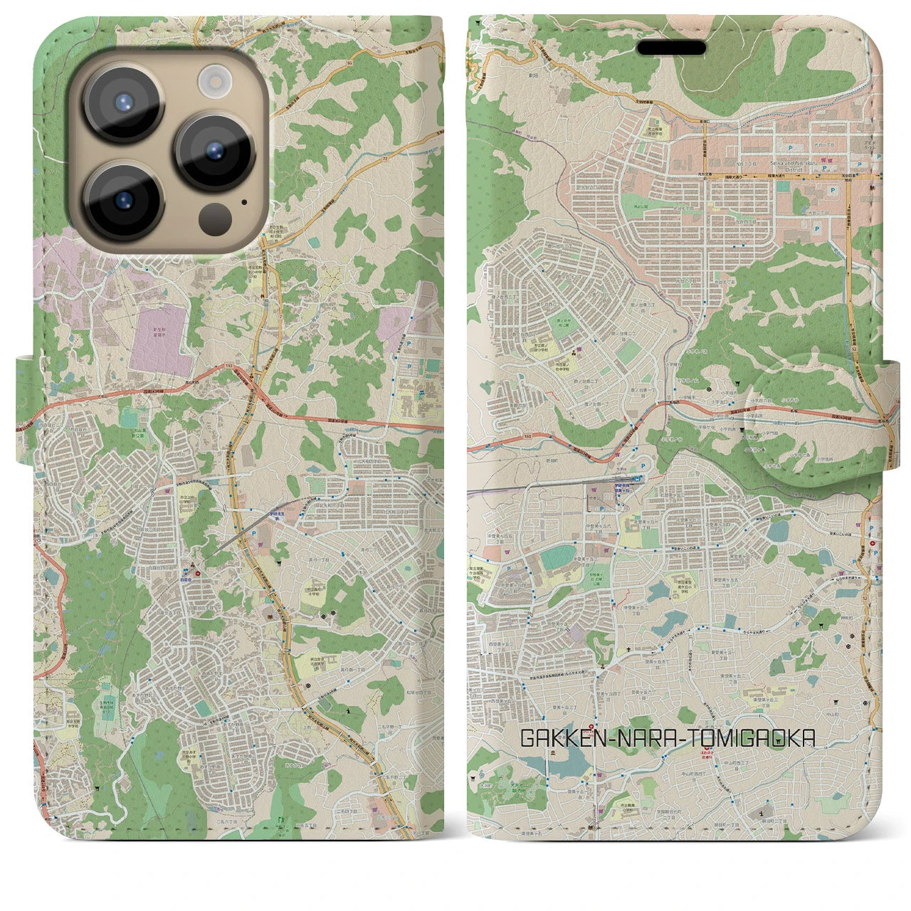 【学研奈良登美ヶ丘(奈良県)】地図柄iPhoneケース(手帳タイプ)ナチュラル・iPhone 14 Pro Max 用