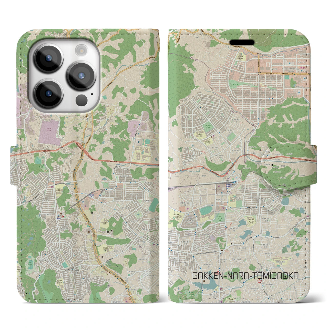 【学研奈良登美ヶ丘(奈良県)】地図柄iPhoneケース(手帳タイプ)ナチュラル・iPhone 14 Pro 用