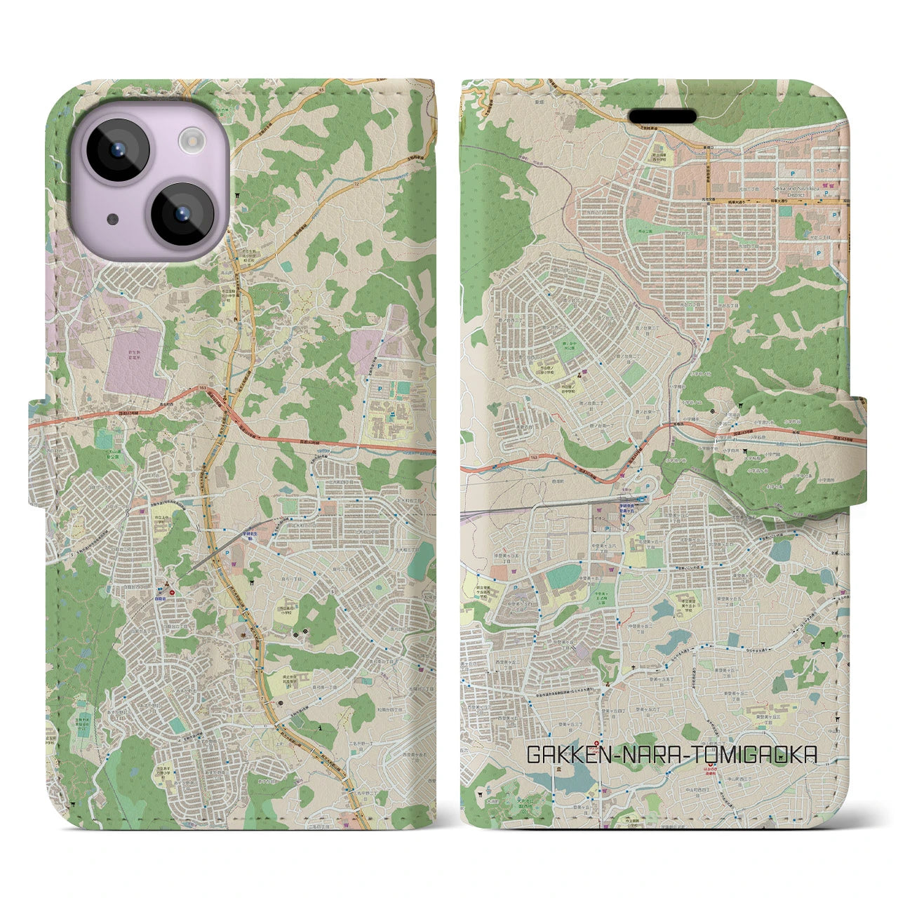 【学研奈良登美ヶ丘(奈良県)】地図柄iPhoneケース(手帳タイプ)ナチュラル・iPhone 14 用