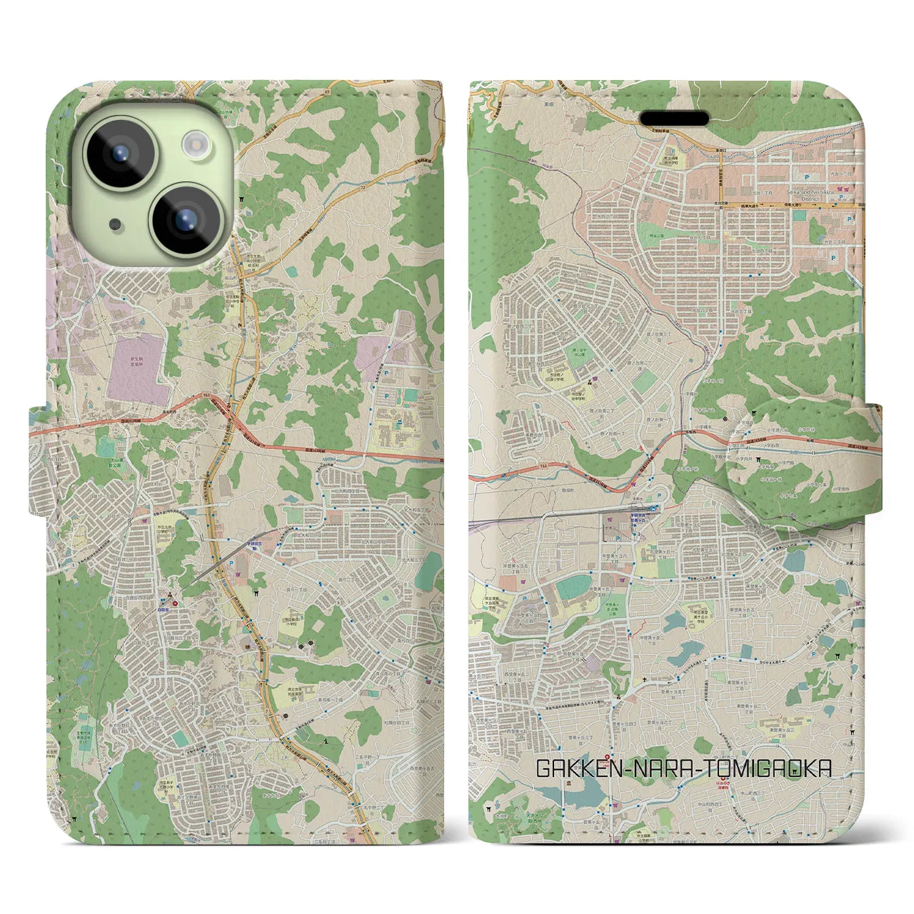 【学研奈良登美ヶ丘(奈良県)】地図柄iPhoneケース(手帳タイプ)ナチュラル・iPhone 15 用