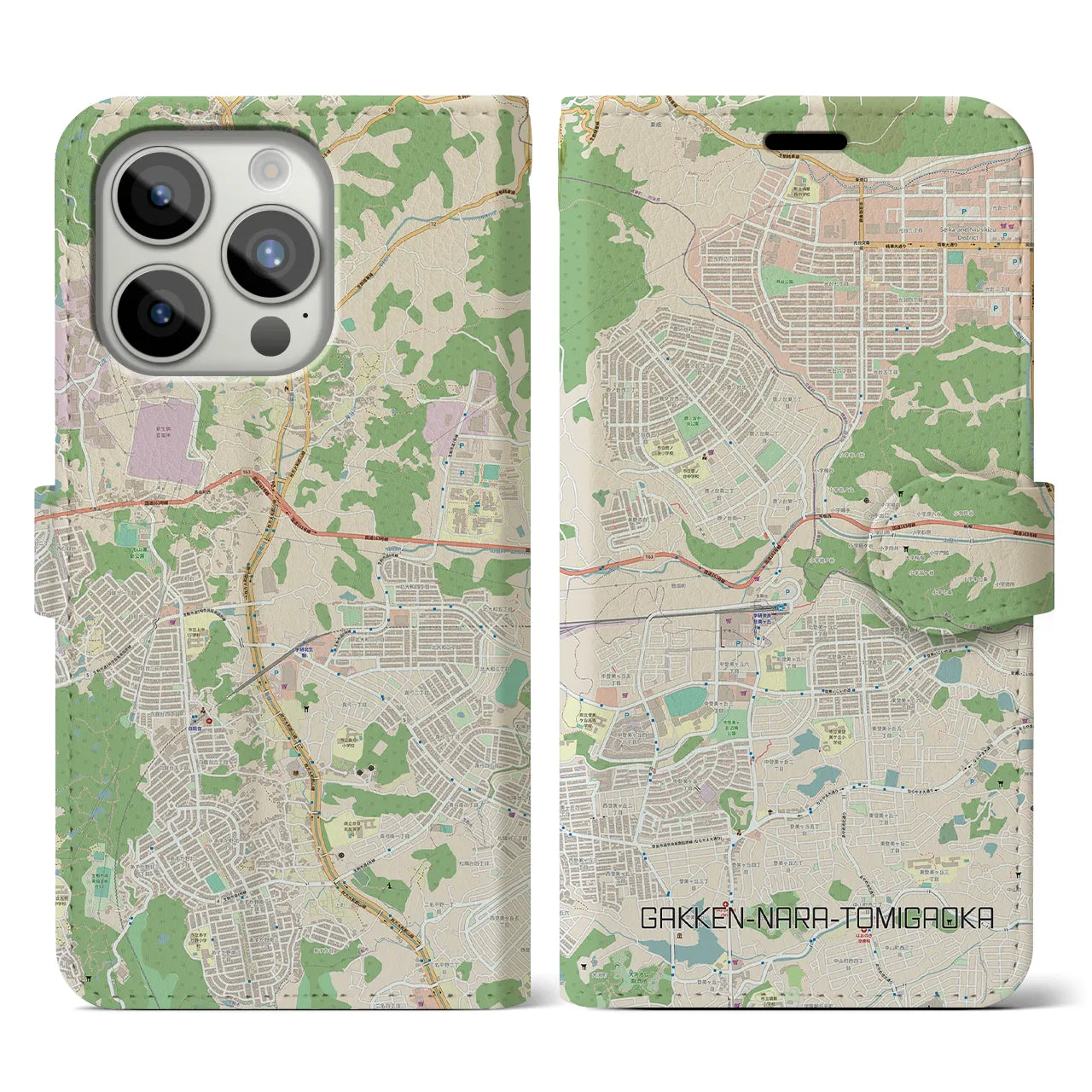 【学研奈良登美ヶ丘(奈良県)】地図柄iPhoneケース(手帳タイプ)ナチュラル・iPhone 15 Pro 用