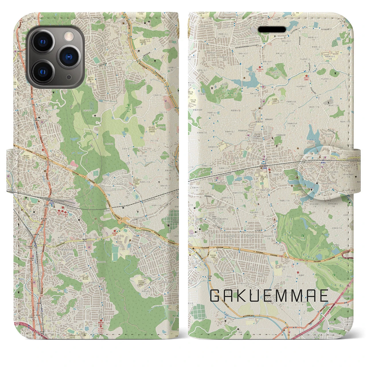 【学園前(奈良県)】地図柄iPhoneケース(手帳タイプ)ナチュラル・iPhone 11 Pro Max 用